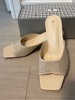 Newbella Women's Beige Rhinestone Slide Heeled Sandals